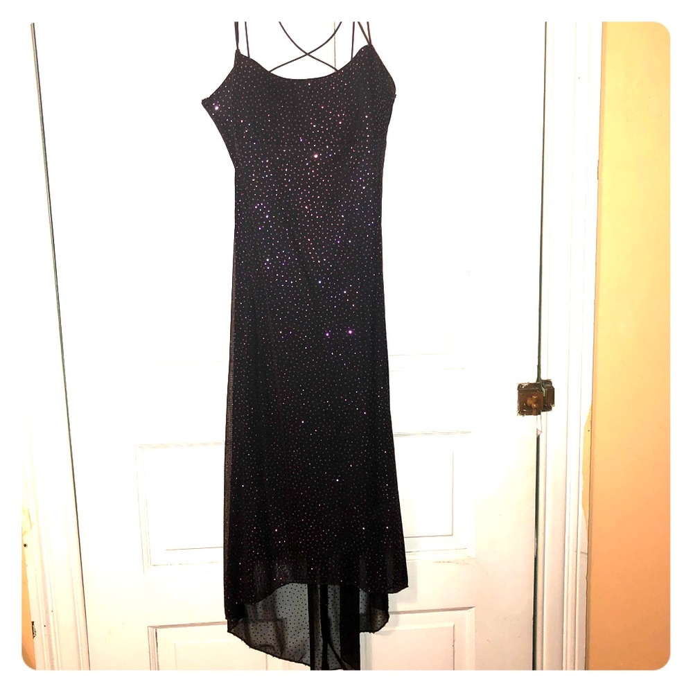 Shimmering string cross back high low dress